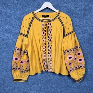 RD& Koko Womens Size XL Jacket Boho Indie Yellow Cotton Embroidered Tie Front